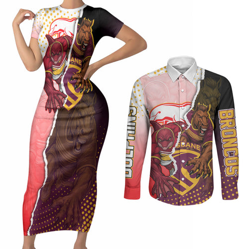 Personalized Brisbane Broncos vs Dolphins Couples Matching Short Sleeve Bodycon Dress and Long Sleeve Button Shirt Rivalry Dynamic Sports Rugby Mascot Graphic Art