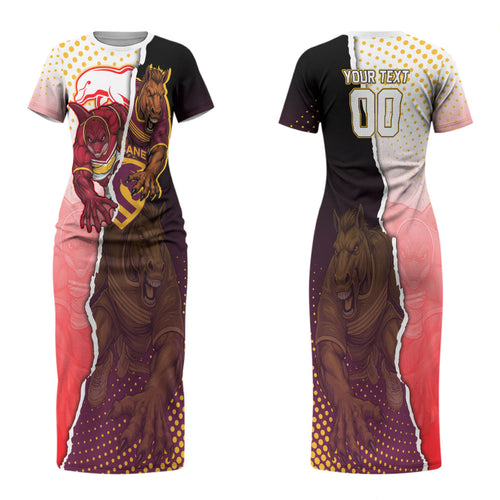 Personalized Brisbane Broncos vs Dolphins Couples Matching Short Sleeve Bodycon Dress and Long Sleeve Button Shirt Rivalry Dynamic Sports Rugby Mascot Graphic Art