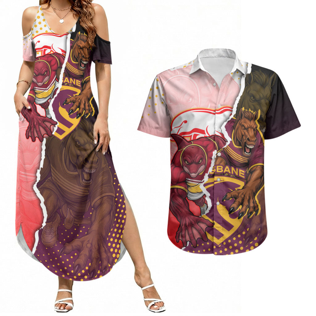 Personalized Brisbane Broncos vs Dolphins Couples Matching Summer Maxi Dress and Hawaiian Shirt Rivalry Dynamic Sports Rugby Mascot Graphic Art