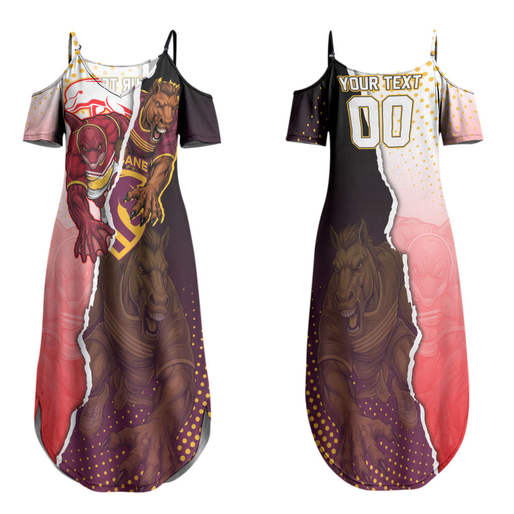 Personalized Brisbane Broncos vs Dolphins Couples Matching Summer Maxi Dress and Hawaiian Shirt Rivalry Dynamic Sports Rugby Mascot Graphic Art