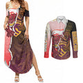 Personalized Brisbane Broncos vs Dolphins Couples Matching Summer Maxi Dress and Long Sleeve Button Shirt Rivalry Dynamic Sports Rugby Mascot Graphic Art