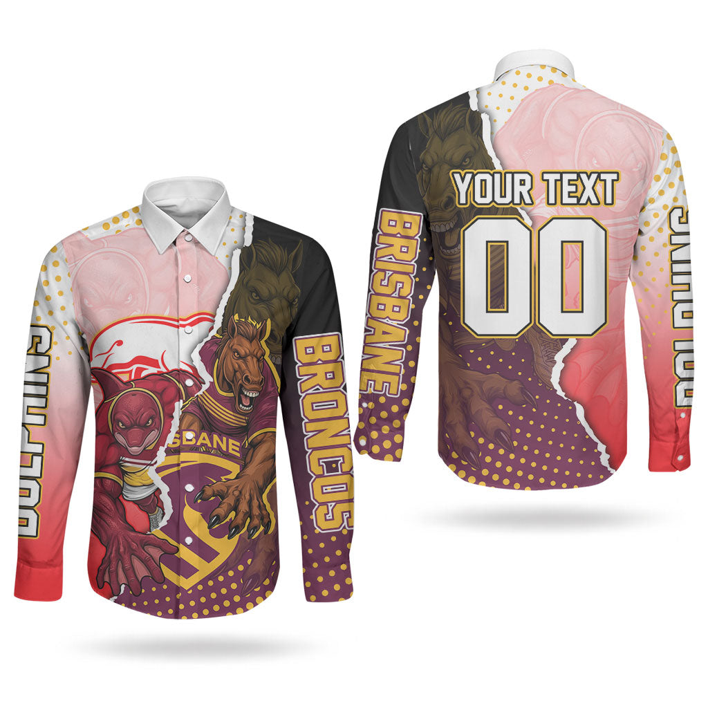 Personalized Brisbane Broncos vs Dolphins Couples Matching Summer Maxi Dress and Long Sleeve Button Shirt Rivalry Dynamic Sports Rugby Mascot Graphic Art