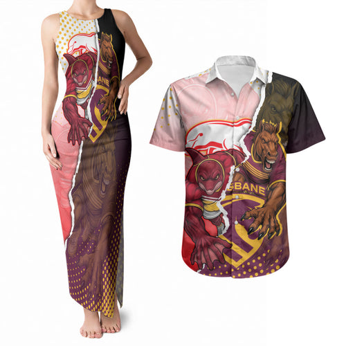Personalized Brisbane Broncos vs Dolphins Couples Matching Tank Maxi Dress and Hawaiian Shirt Rivalry Dynamic Sports Rugby Mascot Graphic Art