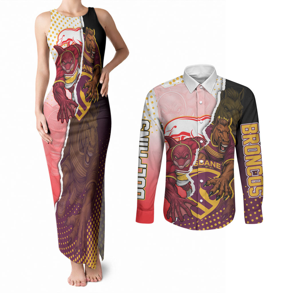 Personalized Brisbane Broncos vs Dolphins Couples Matching Tank Maxi Dress and Long Sleeve Button Shirt Rivalry Dynamic Sports Rugby Mascot Graphic Art