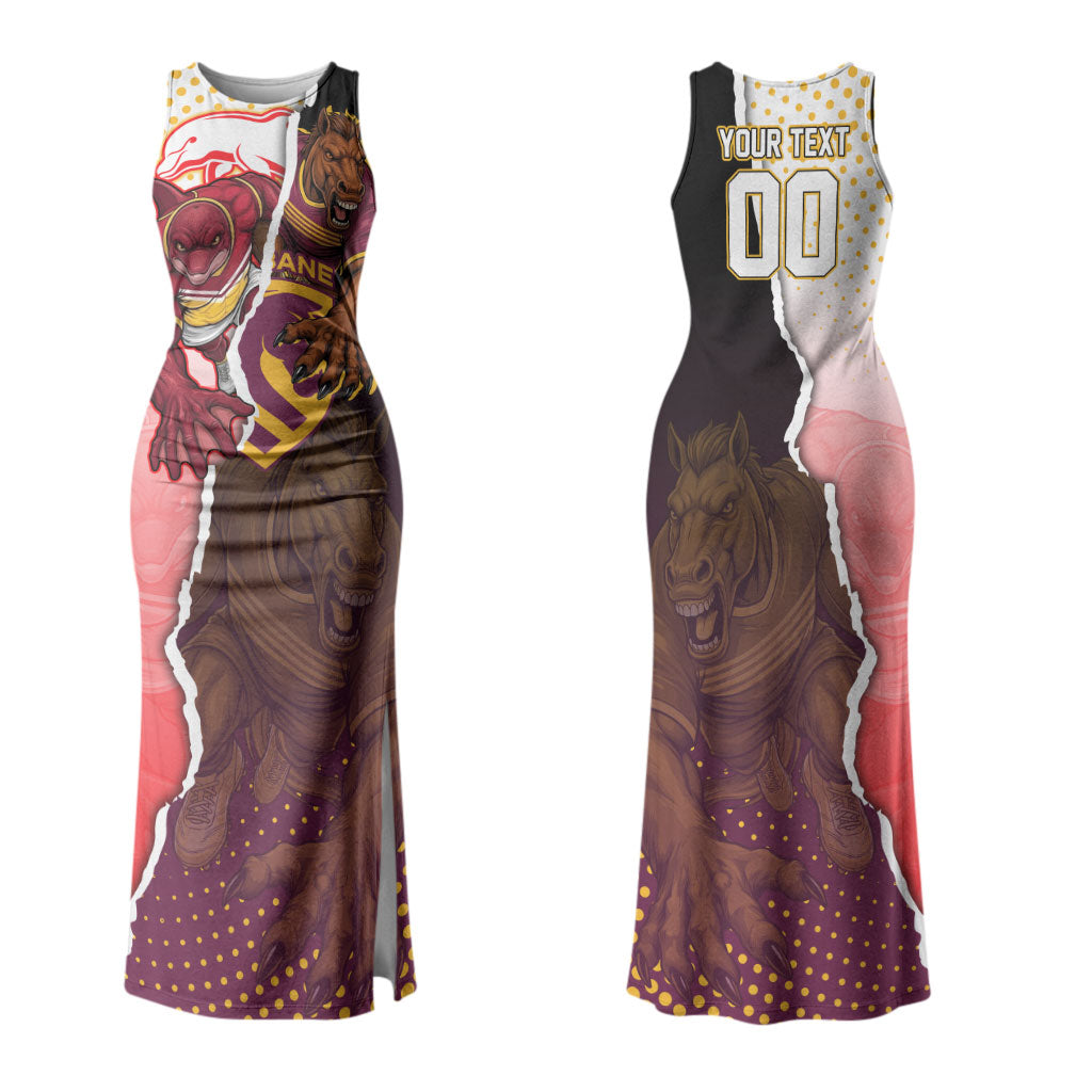 Personalized Brisbane Broncos vs Dolphins Couples Matching Tank Maxi Dress and Long Sleeve Button Shirt Rivalry Dynamic Sports Rugby Mascot Graphic Art