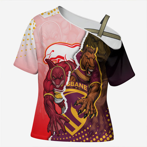Personalized Brisbane Broncos vs Dolphins Cross Shoulder Shirt Rivalry Dynamic Sports Rugby Mascot Graphic Art