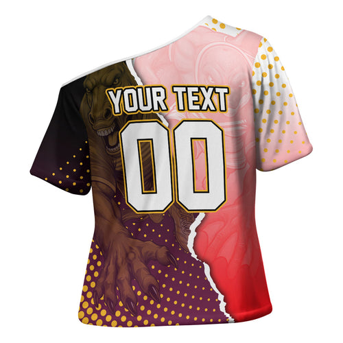 Personalized Brisbane Broncos vs Dolphins Cross Shoulder Shirt Rivalry Dynamic Sports Rugby Mascot Graphic Art