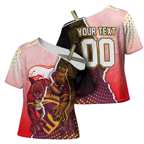 Personalized Brisbane Broncos vs Dolphins Cross Shoulder Shirt Rivalry Dynamic Sports Rugby Mascot Graphic Art