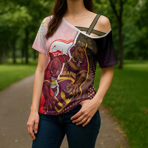 Personalized Brisbane Broncos vs Dolphins Cross Shoulder Shirt Rivalry Dynamic Sports Rugby Mascot Graphic Art