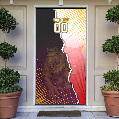 Personalized Brisbane Broncos vs Dolphins Door Cover Rivalry Dynamic Sports Rugby Mascot Graphic Art