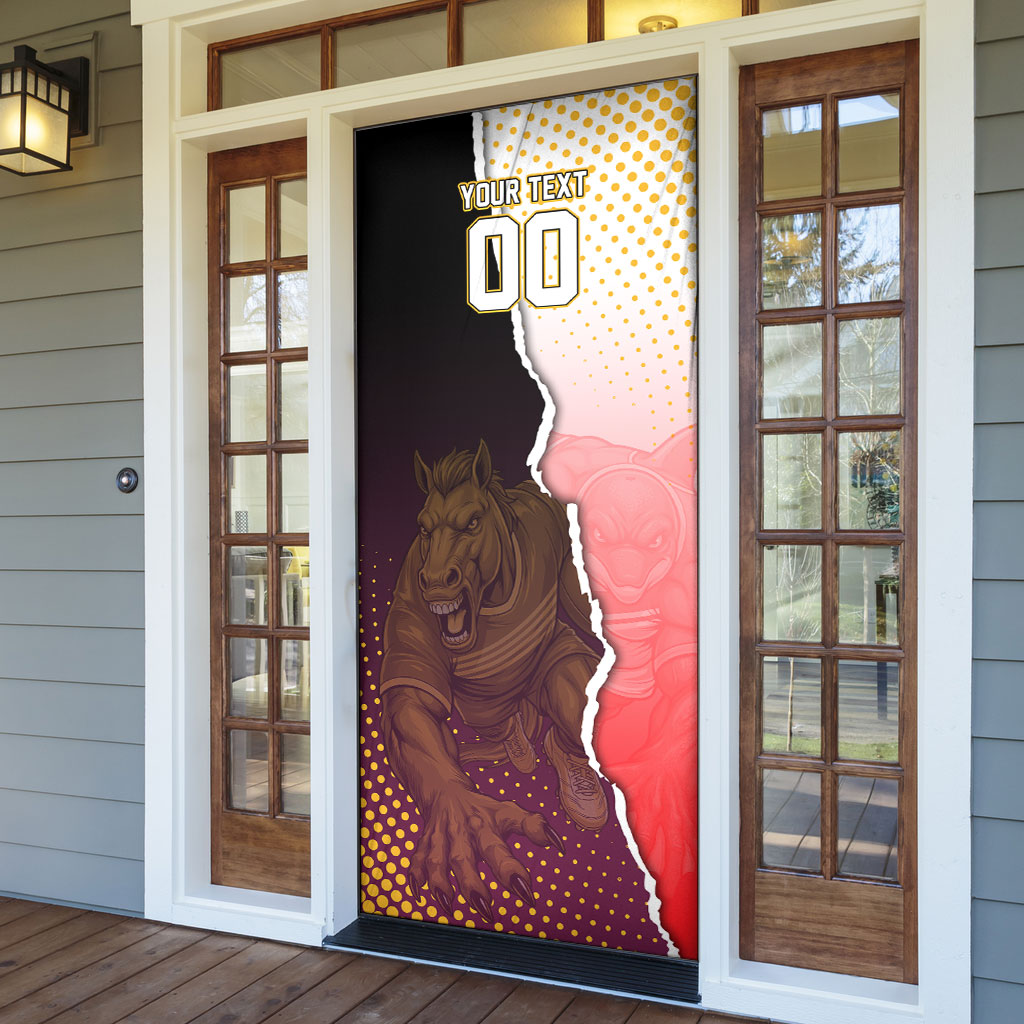 Personalized Brisbane Broncos vs Dolphins Door Cover Rivalry Dynamic Sports Rugby Mascot Graphic Art