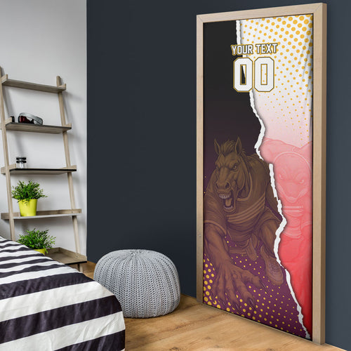Personalized Brisbane Broncos vs Dolphins Door Cover Rivalry Dynamic Sports Rugby Mascot Graphic Art