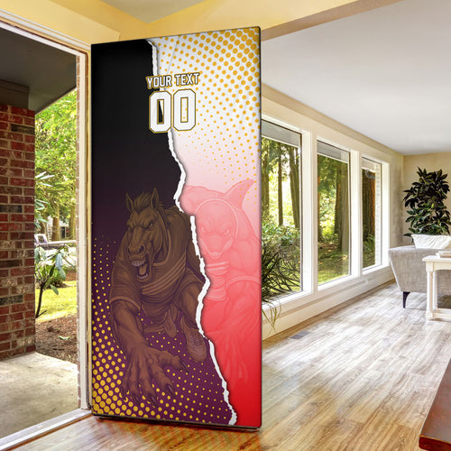 Personalized Brisbane Broncos vs Dolphins Door Cover Rivalry Dynamic Sports Rugby Mascot Graphic Art