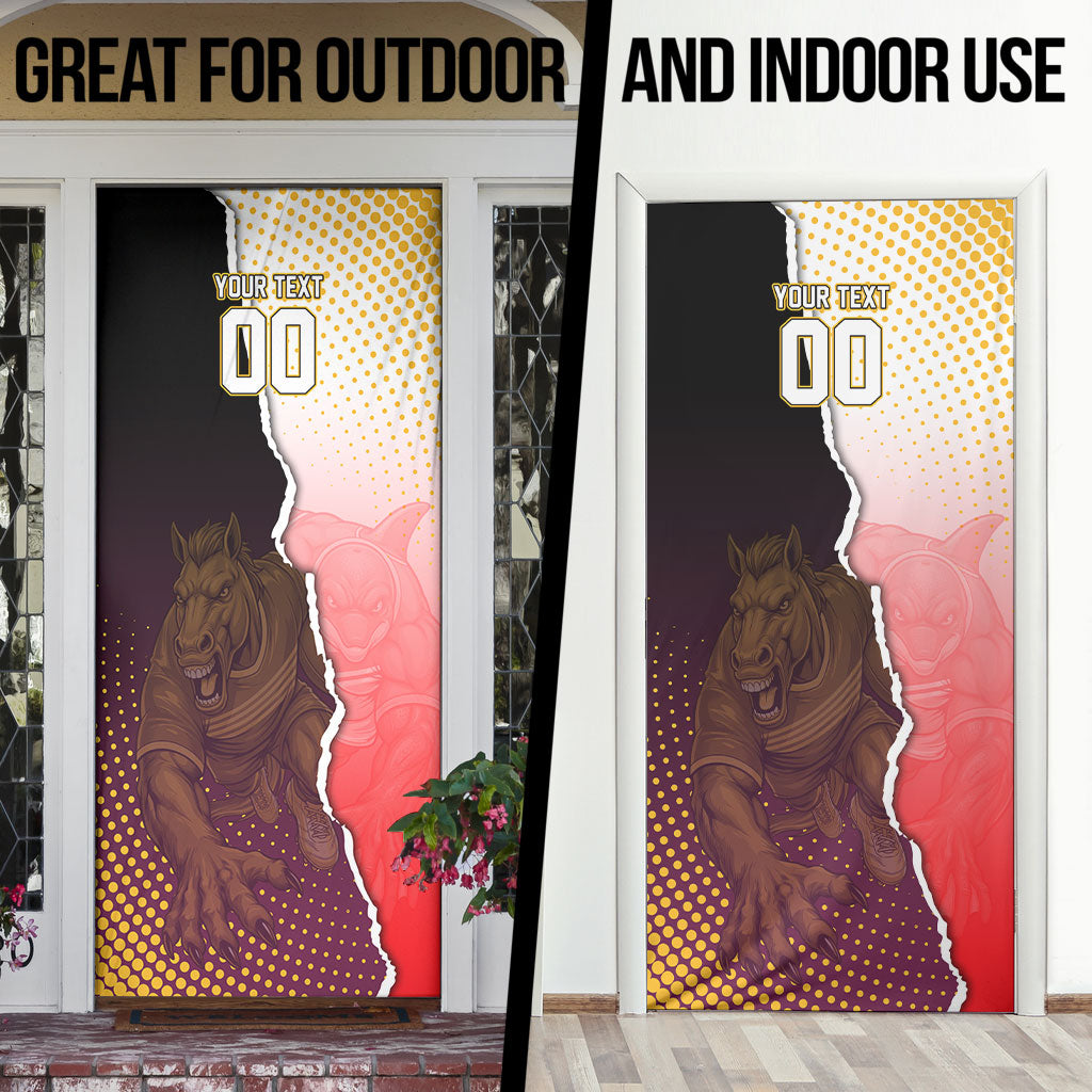 Personalized Brisbane Broncos vs Dolphins Door Cover Rivalry Dynamic Sports Rugby Mascot Graphic Art