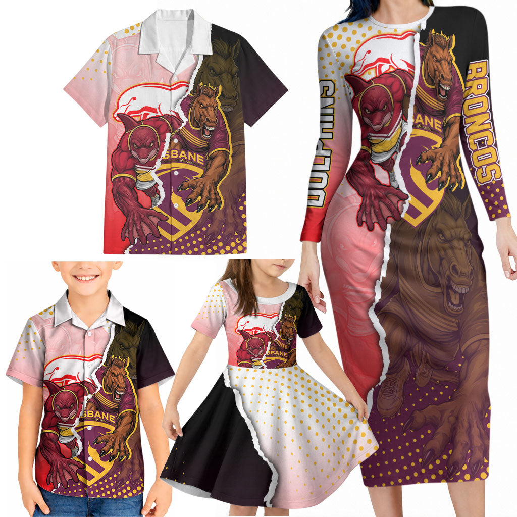Personalized Brisbane Broncos vs Dolphins Family Matching Long Sleeve Bodycon Dress and Hawaiian Shirt Rivalry Dynamic Sports Rugby Mascot Graphic Art