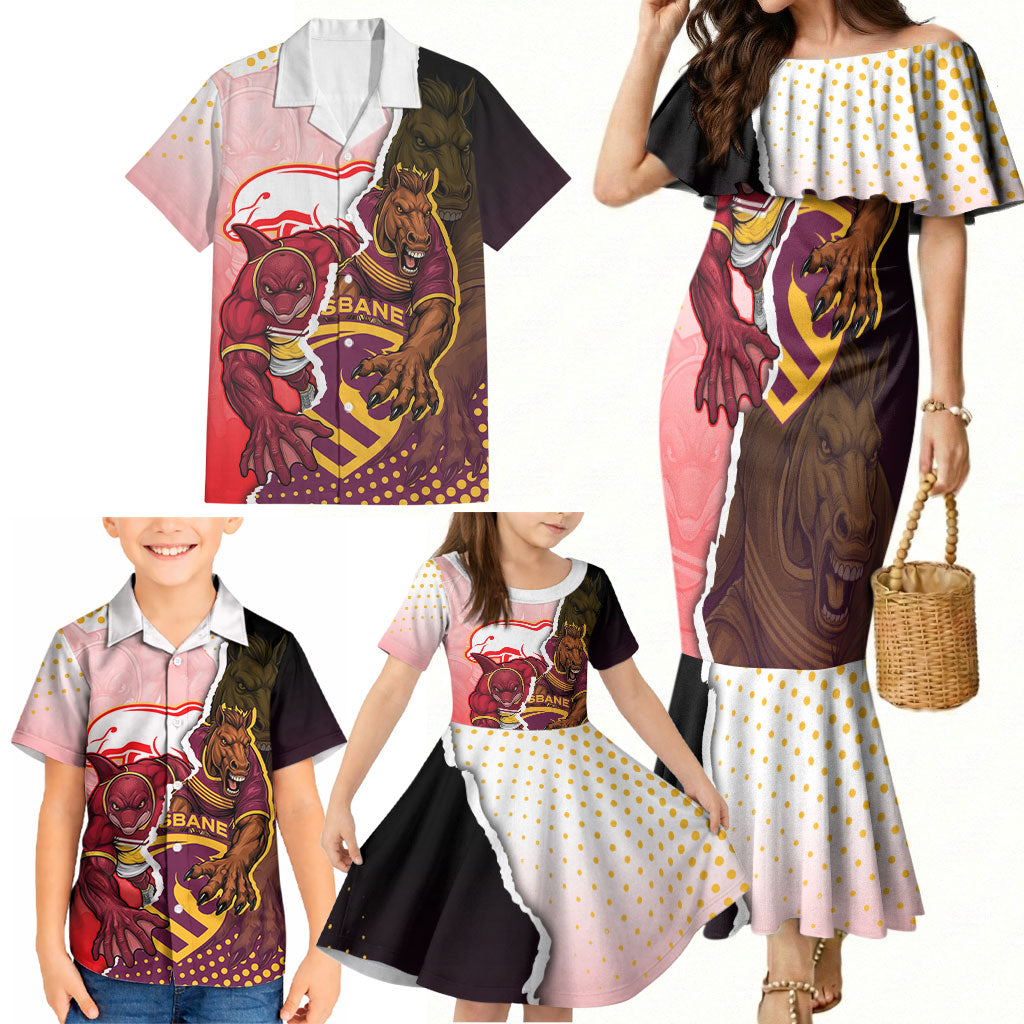 Personalized Brisbane Broncos vs Dolphins Family Matching Mermaid Dress and Hawaiian Shirt Rivalry Dynamic Sports Rugby Mascot Graphic Art