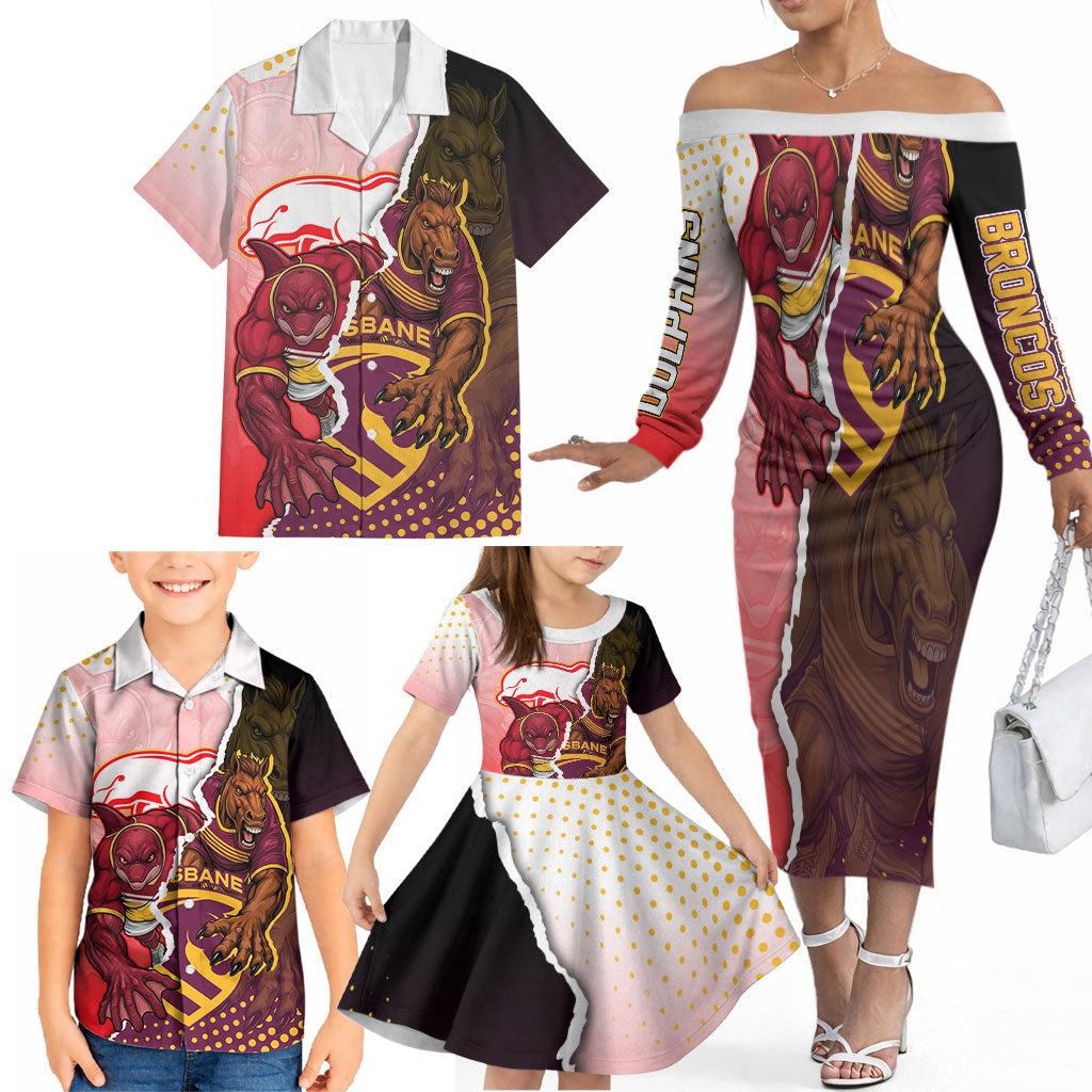 Personalized Brisbane Broncos vs Dolphins Family Matching Off The Shoulder Long Sleeve Dress and Hawaiian Shirt Rivalry Dynamic Sports Rugby Mascot Graphic Art
