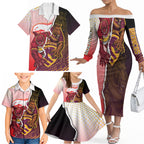 Personalized Brisbane Broncos vs Dolphins Family Matching Off The Shoulder Long Sleeve Dress and Hawaiian Shirt Rivalry Dynamic Sports Rugby Mascot Graphic Art