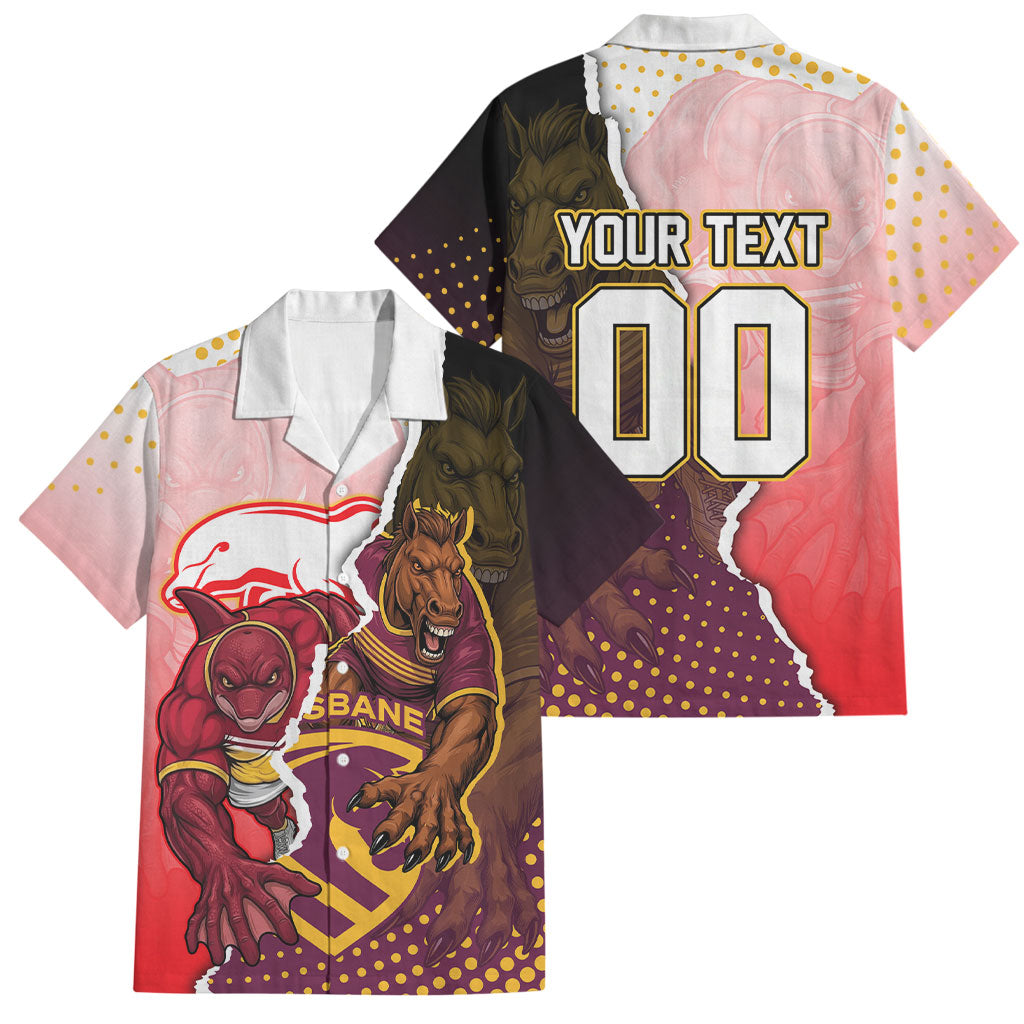 Personalized Brisbane Broncos vs Dolphins Family Matching Off The Shoulder Long Sleeve Dress and Hawaiian Shirt Rivalry Dynamic Sports Rugby Mascot Graphic Art
