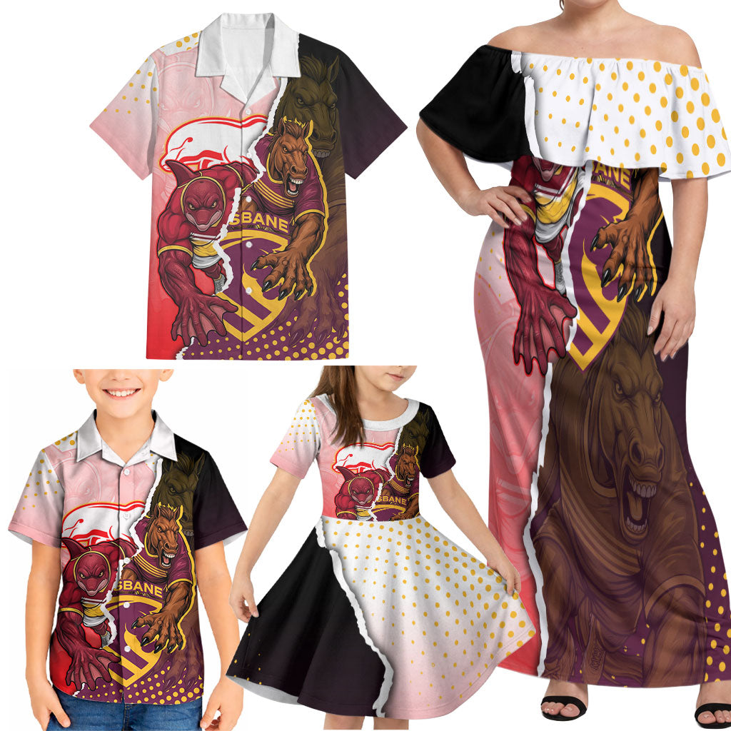 Personalized Brisbane Broncos vs Dolphins Family Matching Off Shoulder Maxi Dress and Hawaiian Shirt Rivalry Dynamic Sports Rugby Mascot Graphic Art