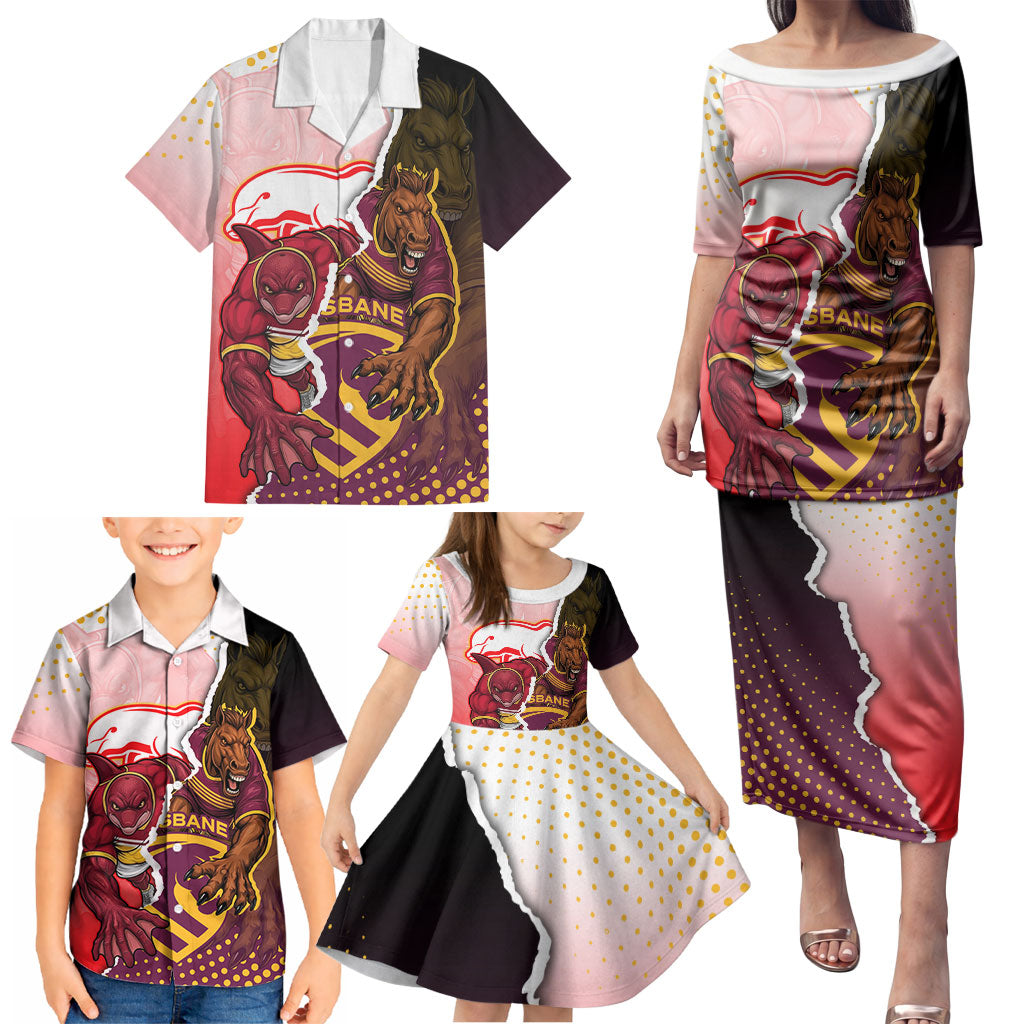 Personalized Brisbane Broncos vs Dolphins Family Matching Puletasi and Hawaiian Shirt Rivalry Dynamic Sports Rugby Mascot Graphic Art