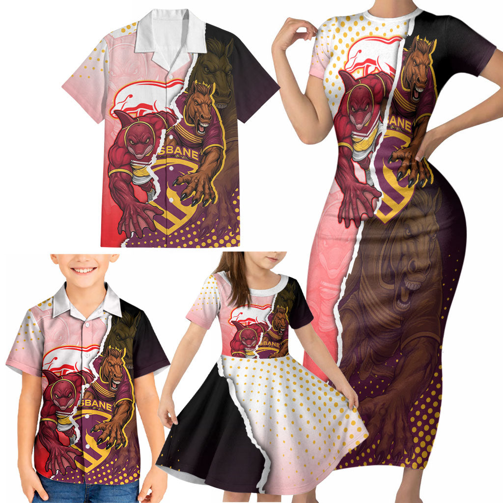 Personalized Brisbane Broncos vs Dolphins Family Matching Short Sleeve Bodycon Dress and Hawaiian Shirt Rivalry Dynamic Sports Rugby Mascot Graphic Art