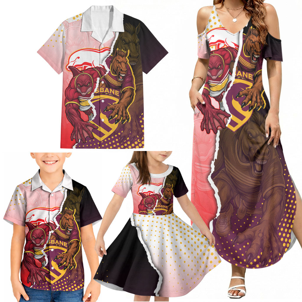 Personalized Brisbane Broncos vs Dolphins Family Matching Summer Maxi Dress and Hawaiian Shirt Rivalry Dynamic Sports Rugby Mascot Graphic Art