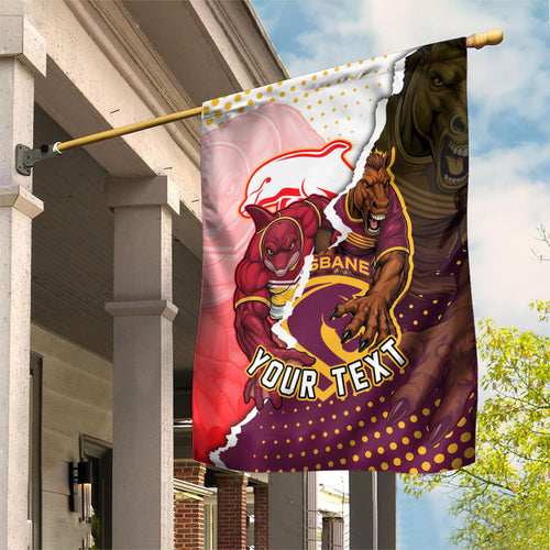 Personalized Brisbane Broncos vs Dolphins Garden Flag Rivalry Dynamic Sports Rugby Mascot Graphic Art