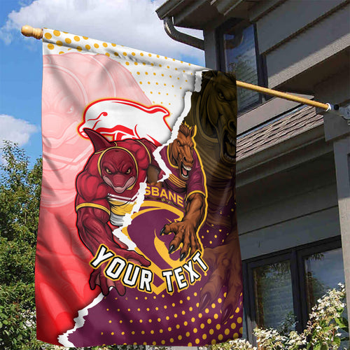 Personalized Brisbane Broncos vs Dolphins Garden Flag Rivalry Dynamic Sports Rugby Mascot Graphic Art