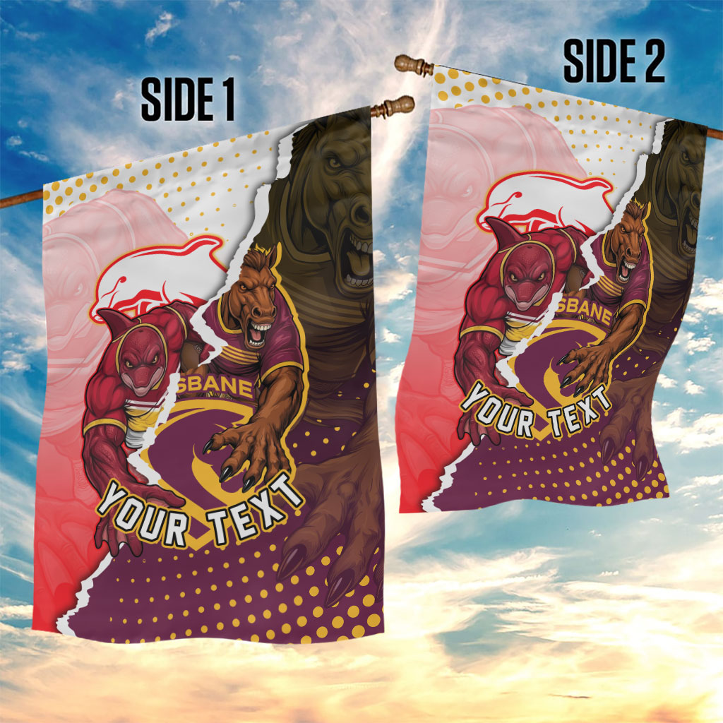 Personalized Brisbane Broncos vs Dolphins Garden Flag Rivalry Dynamic Sports Rugby Mascot Graphic Art
