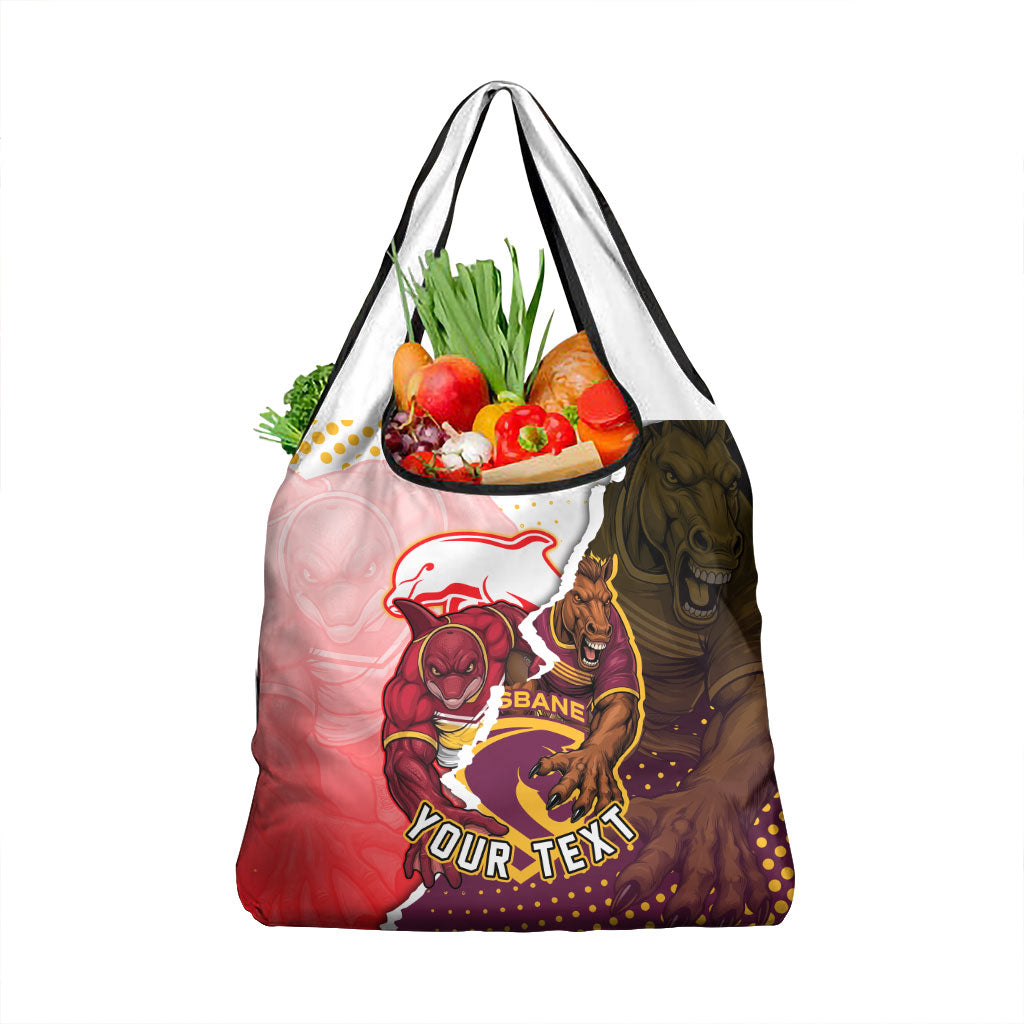 Personalized Brisbane Broncos vs Dolphins Grocery Bag Rivalry Dynamic Sports Rugby Mascot Graphic Art