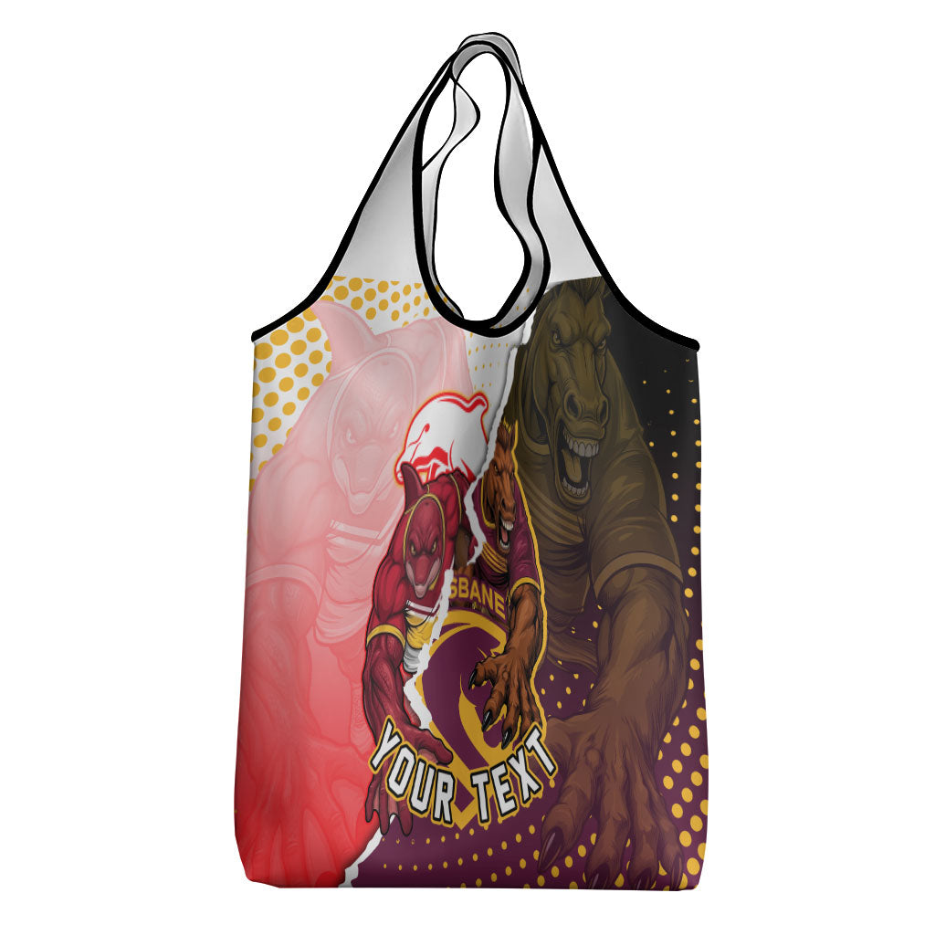 Personalized Brisbane Broncos vs Dolphins Grocery Bag Rivalry Dynamic Sports Rugby Mascot Graphic Art