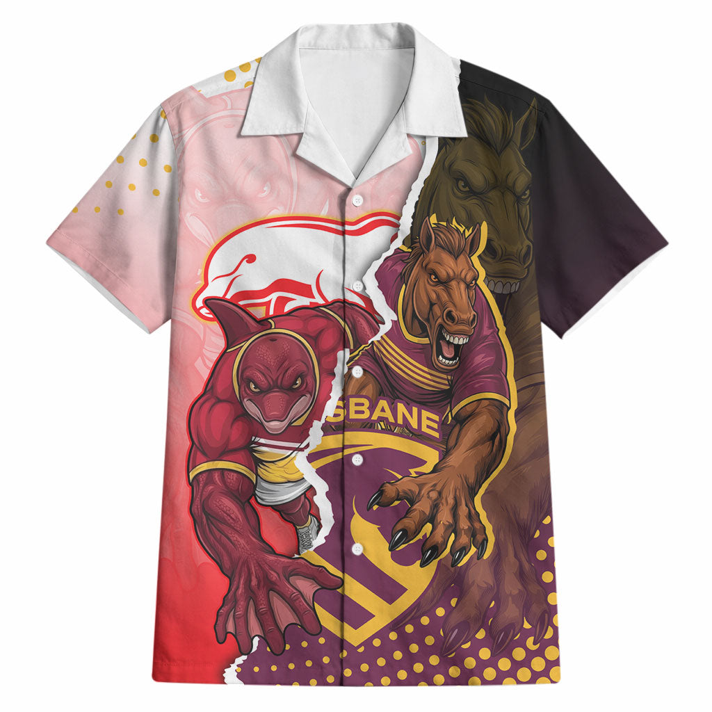 Personalized Brisbane Broncos vs Dolphins Hawaiian Shirt Rivalry Dynamic Sports Rugby Mascot Graphic Art