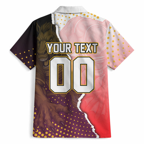 Personalized Brisbane Broncos vs Dolphins Hawaiian Shirt Rivalry Dynamic Sports Rugby Mascot Graphic Art