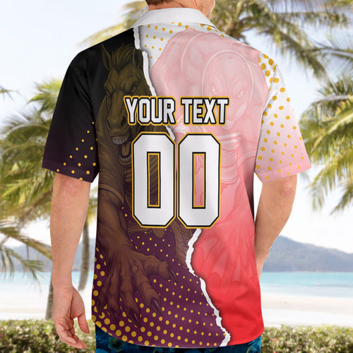 Personalized Brisbane Broncos vs Dolphins Hawaiian Shirt Rivalry Dynamic Sports Rugby Mascot Graphic Art