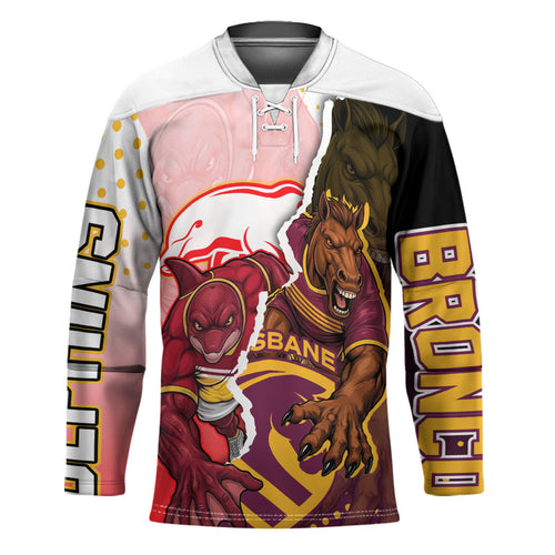 Personalized Brisbane Broncos vs Dolphins Hockey Jersey Rivalry Dynamic Sports Rugby Mascot Graphic Art