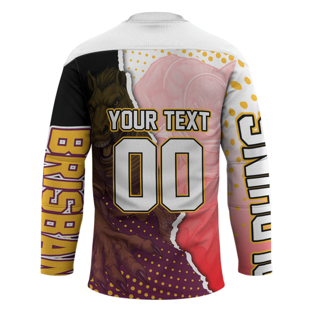 Personalized Brisbane Broncos vs Dolphins Hockey Jersey Rivalry Dynamic Sports Rugby Mascot Graphic Art
