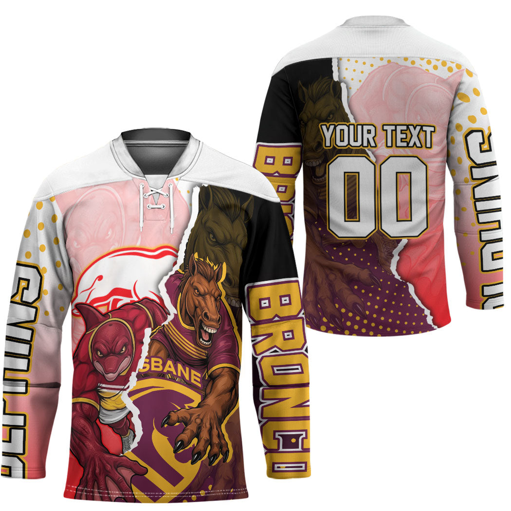 Personalized Brisbane Broncos vs Dolphins Hockey Jersey Rivalry Dynamic Sports Rugby Mascot Graphic Art
