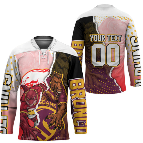 Personalized Brisbane Broncos vs Dolphins Hockey Jersey Rivalry Dynamic Sports Rugby Mascot Graphic Art