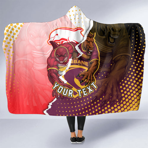 Personalized Brisbane Broncos vs Dolphins Hooded Blanket Rivalry Dynamic Sports Rugby Mascot Graphic Art