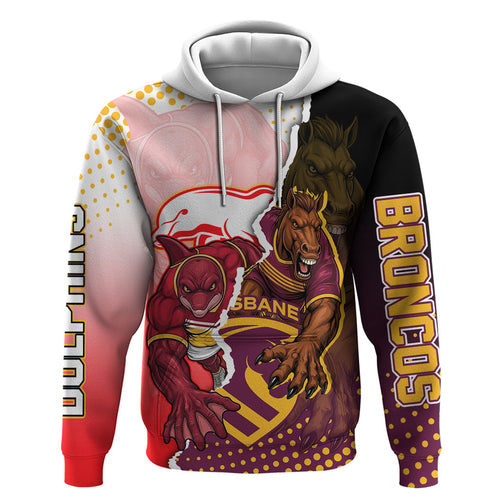 Personalized Brisbane Broncos vs Dolphins Hoodie Rivalry Dynamic Sports Rugby Mascot Graphic Art