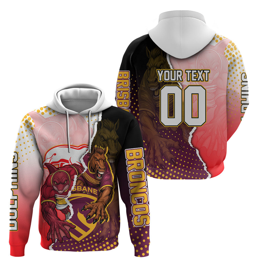 Personalized Brisbane Broncos vs Dolphins Hoodie Rivalry Dynamic Sports Rugby Mascot Graphic Art