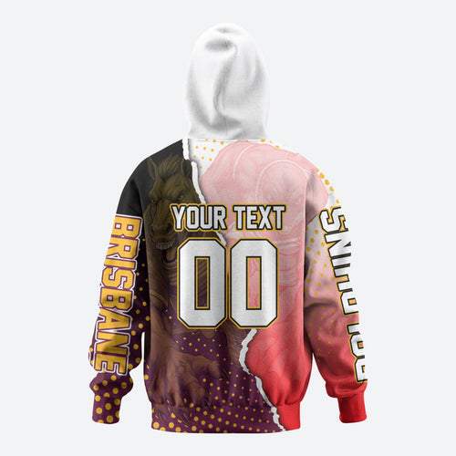 Personalized Brisbane Broncos vs Dolphins Hoodie Rivalry Dynamic Sports Rugby Mascot Graphic Art