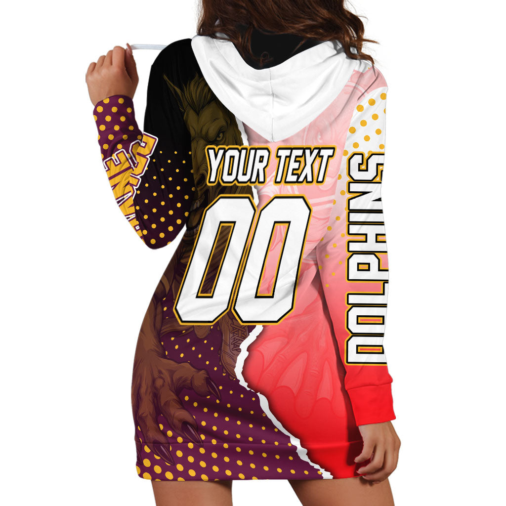 Personalized Brisbane Broncos vs Dolphins Hoodie Dress Rivalry Dynamic Sports Rugby Mascot Graphic Art