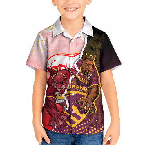 Personalized Brisbane Broncos vs Dolphins Kid Hawaiian Shirt Rivalry Dynamic Sports Rugby Mascot Graphic Art