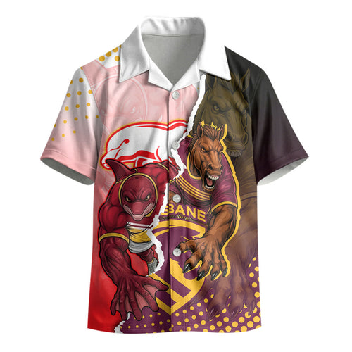 Personalized Brisbane Broncos vs Dolphins Kid Hawaiian Shirt Rivalry Dynamic Sports Rugby Mascot Graphic Art