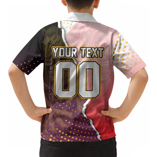 Personalized Brisbane Broncos vs Dolphins Kid Hawaiian Shirt Rivalry Dynamic Sports Rugby Mascot Graphic Art