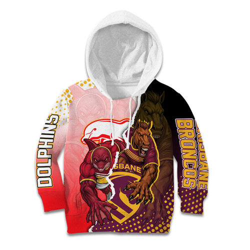 Personalized Brisbane Broncos vs Dolphins Kid Hoodie Rivalry Dynamic Sports Rugby Mascot Graphic Art
