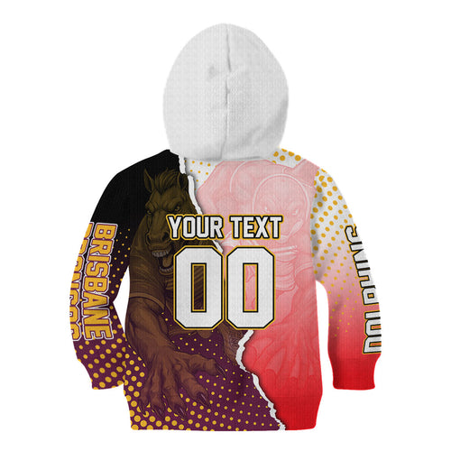 Personalized Brisbane Broncos vs Dolphins Kid Hoodie Rivalry Dynamic Sports Rugby Mascot Graphic Art
