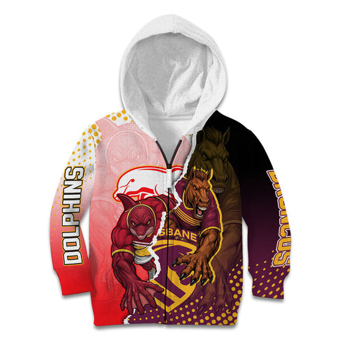 Personalized Brisbane Broncos vs Dolphins Kid Hoodie Rivalry Dynamic Sports Rugby Mascot Graphic Art
